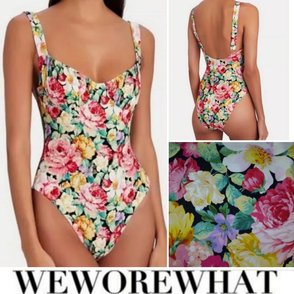 WeWoreWhat Vintage Roses Ruched Cup One Piece Swimsuit, Floral / Black